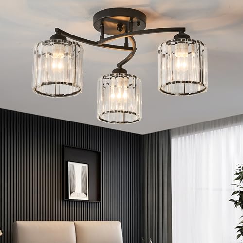 Dellemade Black Crystal Chandelier, 3 Lights Ceiling Light, Modern Lighting
