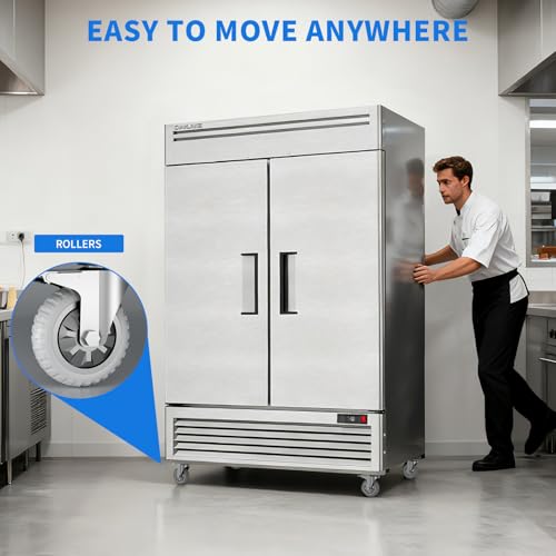 Image of Coolake 54 inch W Commercial Freezer, 49 Cu Ft Solid Door Upright Freezer with 8 Adjustable Shelves, -13F ~ -5F, Frost-free Stainless Steel Industrial Reach-in Freezer for School Restaurant Prep Kitchen