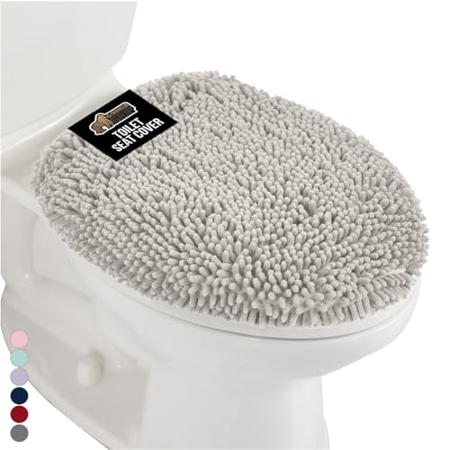 Image of Gorilla Grip Original Shag Chenille Bathroom Toilet Lid Cover, 19.5 x 18.5 Inches Large Size, Machine Washable, Ultra Soft Plush Fabric Covers, Fits Most Size Toilet Lids for Bathroom, Light Gray