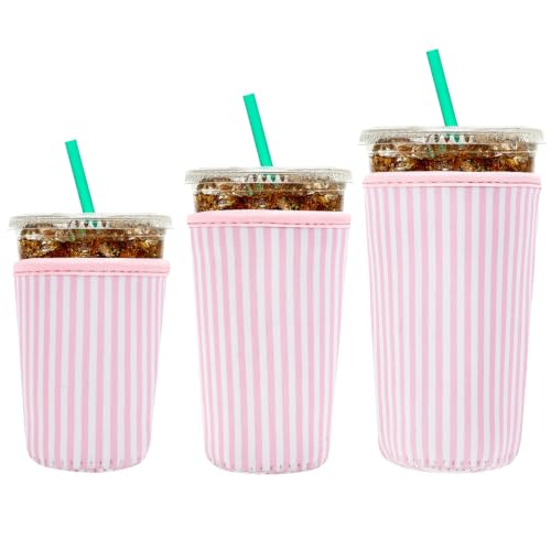 Image of YR Reusable Neoprene Insulator Sleeve for Iced Coffee Cups, 3 Pack Coffee Coolies sleeves for Iced & Hot Drinks, Cold Beverage Cooler Compatible with Starbucks Coffee and More (Pink Stripes)