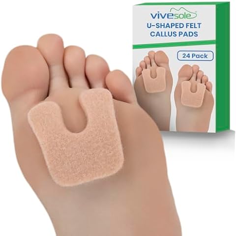ViveSole U-Shaped Callus Cushions for Feet (Pack of 24) - Corn Pads for Bottom of Foot, Pain Relief, Blisters - Self-Stick Adhesive Felt Padding - Horseshoe Pad Protects Calluses from Rubbing on Shoes Cover