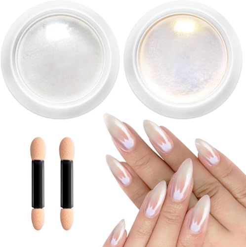 BISHENGYFUpgardePerle Chrom Nagelpuder Glitzerpuder WeißeSuper Mirror Effect2PCS Chrom Nagelpulver Neo Pearl Effect Chrome Nail Powder für Chrome Nails und Glazed Donut Nails