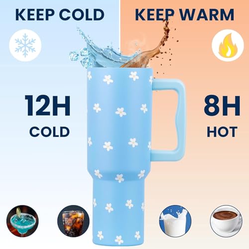 Image of CYNVEXA Tumbler with lid and Straw 1200ML Cup Stainless Steel Vacuum Insulated Tumbler for Water, Iced Tea or Coffee 1.2L Office Gym Travelling(Retro Mint Flower)