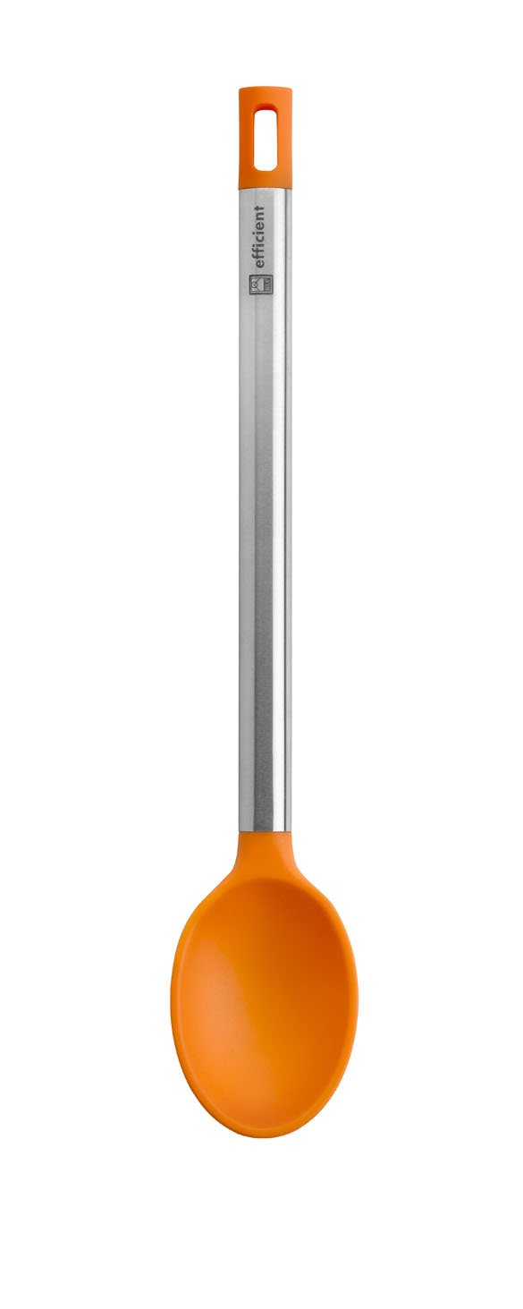 BRA Efficient-Set De 3 Sartenes, 20-24-28 Cm, Aluminio Fundido con Antiadherente Platinum Plus, Negro + Efficient Cuchara De Cocina, Acero INOX, Nailon Y Silicona, Naranja, 35 Cm