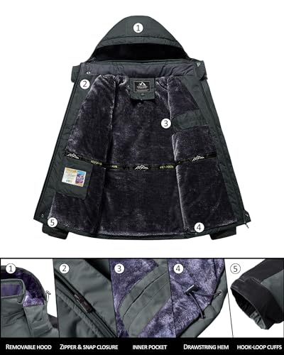 KEFITEVD Übergangsjacke Herren Warm Winter Herrenjacke mit Kapuze Fleecejacke Wasserabweisend Winterparka Männer Angelbekleidung Grau-Schwarz L