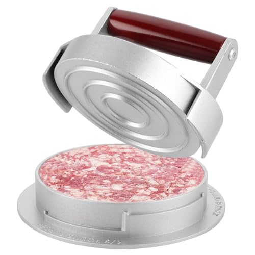 LDXDRU Prensa para hamburguesas de 14 cm de diámetro, de aluminio, con mango de madera, antiadherente, 3 niveles para ajustar el grosor para deliciosas hamburguesas, barbacoa, carne