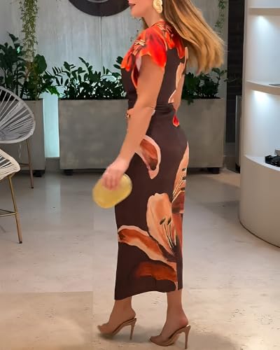 Image of CHICME Summer Dresses for Women Floral Print Plunge V Neck Midi Dress Casual Ruched Slit Bodycon Party Dress