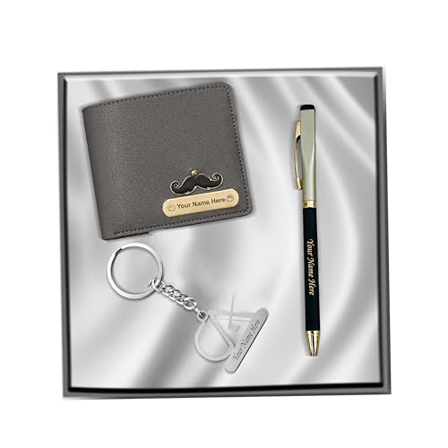 Image of SAVRI Personalized Pen, Stainless Steel Symbol Keychain and Leather Men's wallet Combo with Charm and Your Name Engraved. Best Gift Combo for Him. Men's Professional Gift Box.