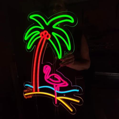 Image of Flamingo under a palm tree neon sign, flamingo on the island led light sign, island led neon, custom palm light sign, plant neon light