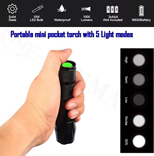 RENMAX LED Pocket Rechargeable Flashlight – 300 Lumens, Waterproof Metal Torch with 5 Lighting Modes & Zoom Focus – Compact & Durable, 1 Pc