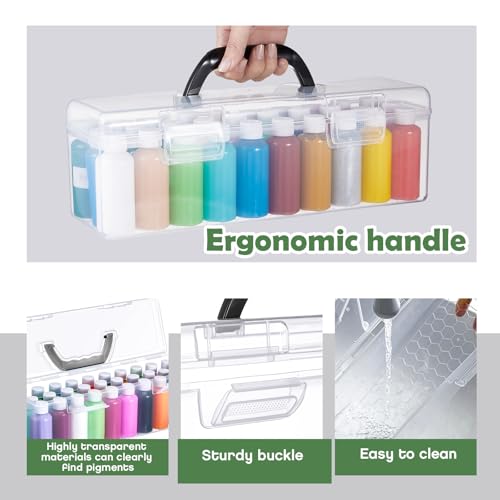 Image of Threehoney 3 Pcs Paint Storage Box for 2 Fl. oz Acrylic Paints, Acrylic Portable Craft art Organizer with Handle, 30 Bottles Capacity Plastic Art Supply Clear Boxes
