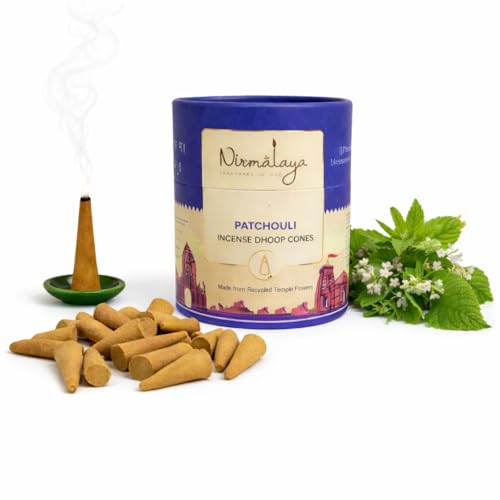 Image of Nirmalaya Premium Patchouli Dhoop Cones | 60 Bambooless Incense Cones with Stand | Made from Sacred Flowers | Charcoal Free Cones | 25 Min Burn Time for Pooja & Meditation