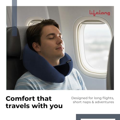 Image of Lifelong Neck Pillow for Travelling | Memory Foam Neck Rest for Sleeping in Airplane & Car | Soft & Comfortable Neck Support | Adjustable Velcro Straps & Travel Pouch | Ideal for Office & Home (Blue)