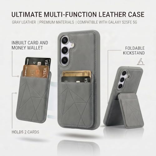 Image of amazon basics Premium Vegan Leather Back Cover with Card Holder and Integrated Mobile Stand for Samsung Galaxy S25FE 5G - Slim Shockproof Wallet Case with Geometric Stitching [Gray]
