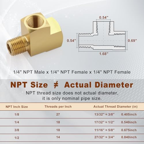 Image of 2pcs 1 /4 inch Brass Tee Fittings 1 /4 inch NPT Female Pipe to 1 /4 inch NPT Male to 1 /4 inch NPT Female Brass Barstock Street Tee Pipe Fittings 3 Way for Joining Pipe