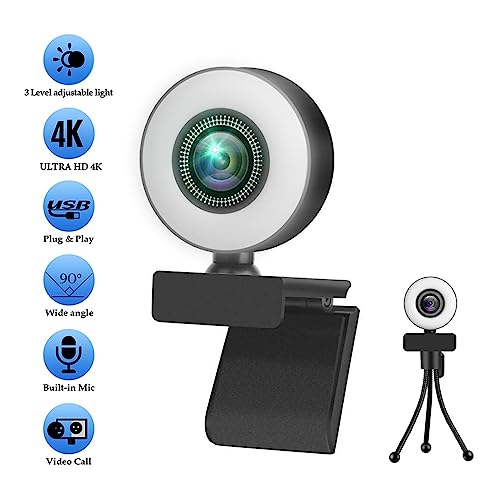 Webcam 1080P 2K 4K avec lumière annulaire et microphone de diffusion - 4