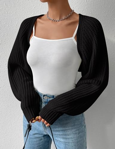 Women's Long Sleeve Open Front Knitted Crop Cardigan Drop Shoulder Knit Bolero Shrug Sweater2