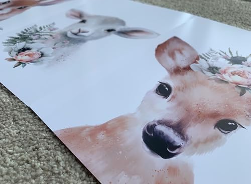 Woodland Forest Animals Baby Girl Nursery A4 Bedroom Prints Set Of 3, Pink Floral Fawn Lamb Bunny Wall Art Accessories - Image 3