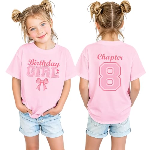 MULOIUDZ Chapter 8 Bow Birthday Girl Shirts 8th Girls Birthday Outfits Kid B-Day T-Shirt Eight Years Old Tee Party Gift Tops(Pink 8th)