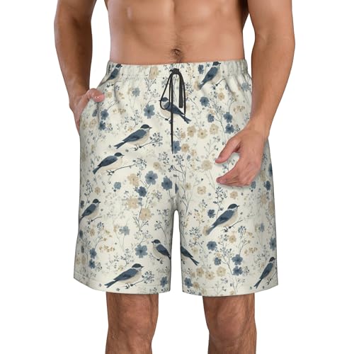 PHJAdq Pantalones cortos de playa elásticos para hombre, diseño de pájaros florales y vintage, de secado rápido, Negro, L