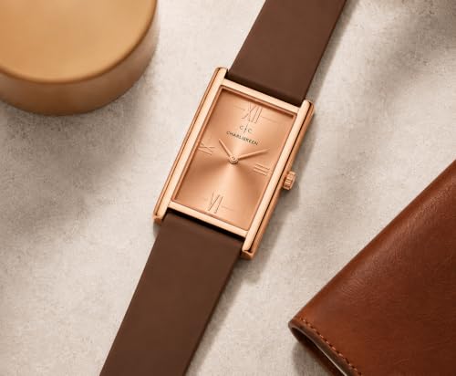 Image of CHARLIEKEEN Rectangular Wristwatch, Black Dial with Rose Gold Roman Numerals, Silicone Strap, Elegant Style