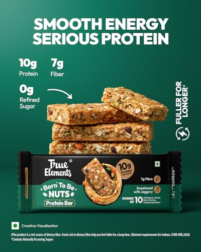 Image of True Elements Born To Be Nuts Protein Bar 50gm - Crunchy Protein Bar | 10g Protein + 7g Fibre | Sweetened with Jaggery | Healthy Protein Snack