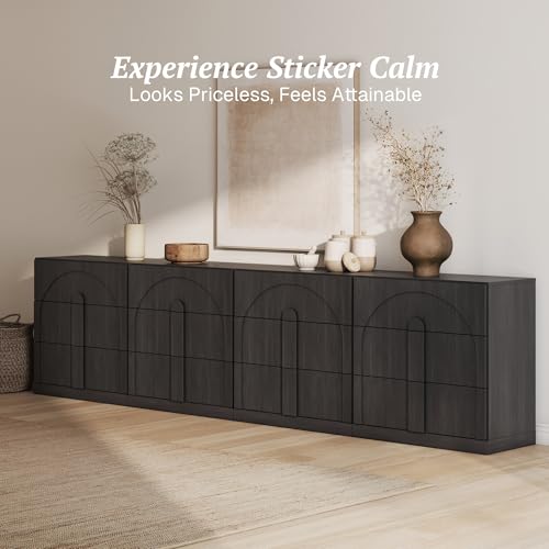 Image of BELLEZE Sideboard Cabinet with 3 Drawers, Set of 4 Modern Wood Buffet Cabinet with Arc Design, Large Fluted Sideboard with Storage for Kitchen Living Room Entryway, Ebony
