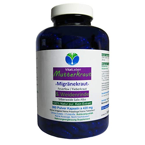 MUTTERKRAUT + WEIDENRINDE 360 Kapseln [Migränekraut Feverfew Fieberkraut] - Frauen Universalmittel nach Hildegard von Bingen. 100% NATUR pur [OHNE ZUSATZSTOFFE] 26685-360