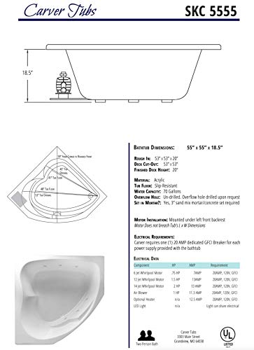 Carver Tubs - Skc5555 - Whirlpool Bathtub W/ 6 Jet - 55"L X 55"W X 18.5"H - Two Person White Acrylic Triangular Corner Tub #TOP3