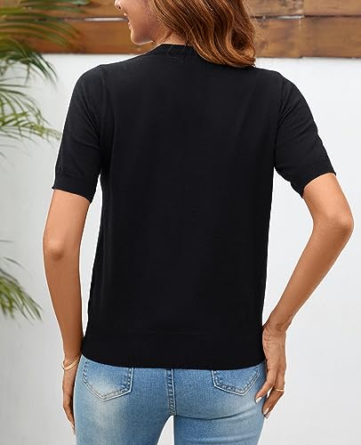 Image of Women Summer Knit Shirt Blouse V Neck Short Sleeve Pullover Sweater Tops