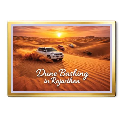 Image of Decorative Fridge Magnet with Glowing Border | Pack of 1 (Dune Bashing in Rajasthan, 3x2 inch - Golden Border)