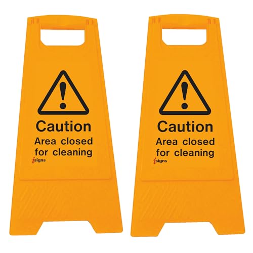 iSigns Floor Signs (Caution Area Closed for Cleaning) Free-Standing Danger Sign for Factories, Warehouses and More, A-Frame Site Safety Sign, 300x575mm Caution Sign (Pack of 2)