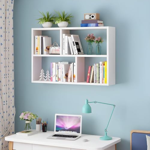 Image of RUNNUP Floating Wall Mount Bookcase Engineered Wood Book Shelf Decor Wall Shelf for Study Room Office Living Room, White 31.5 inch L x 7.9 inch W x 25.6 inch H