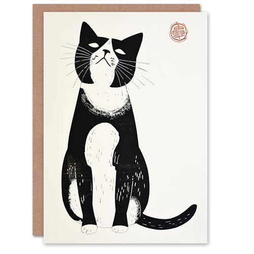 Artery8 Greeting Card Cat Lover Black White Pet Japanese Woodblock Blank For Him Or Her Art Birthday Card