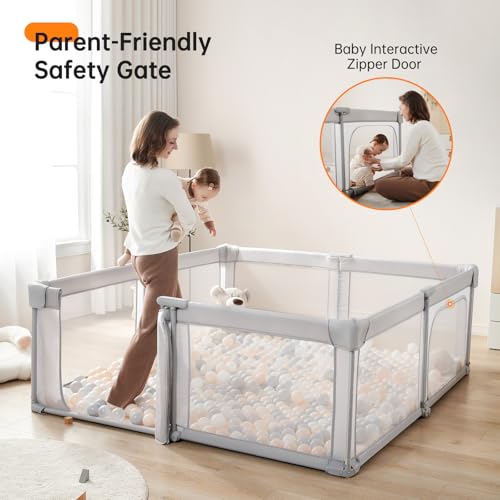 Image of Foldable Baby Playpen,Portable Indoor & Outdoor Playpen for Babies and Toddlers,59 inchx71 inchExtra Large Play Pen with Gate,Collapsible Baby Fence with Travel Bag(Light Grey)