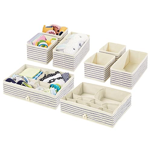 Image of mDesign Fabric Drawer Organizer Bins, Kids/Baby Nursery Dresser, Closet, Shelf, Playroom Organization, Hold Clothes, Toys, Diapers, Blankets, Lido Collection, Set of 4, 2 Pack, Natural/Blue Stripe