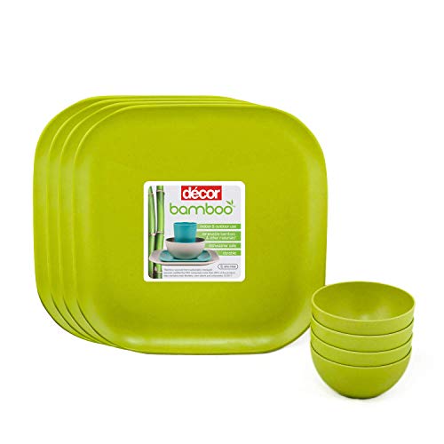 Image of Decor EcoLite Bamboo Fiber Dinner Set, Green Lime, Set of 8 | Eco-Friendly, Reusable, 4 Large Plates and 4 Bowls, For Adult and Kids