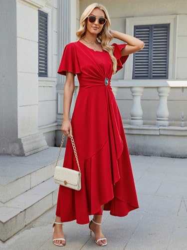 Image of QMZ Wedding Guest Dresses for Women V Neck Cocktail Dress Ruffle Sleeve A Line Evening Party Formal Dresses for Women