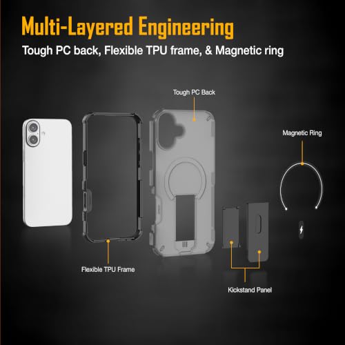 Image of ZAP CASE Matte Kickstand Case for iPhone 16 Plus | Magsafe Compatible | Premium Polycarbonate Back + Flexible TPU Bumper | Foldable Stand | Military-Grade Drop Protection | Anti-Fingerprint | Black