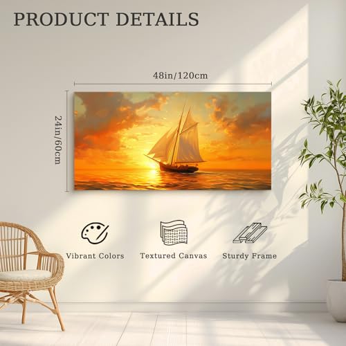 crmotu Sailboat Wall Art, Nautical Wall Decor, Large Landscape Wall Art, Seascape Painting Canvas Prints, Ocean Sunset Pictures for Living Room Bedroom Dining Room Hotel Office Artwork 24x48inch