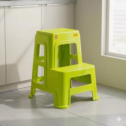 Image of Raj Furniture 2-Step Plastic Stool Ladder for Home, Kitchen, Office & Bathroom | 120 Kg Heavy Duty Capacity | Anti-Slip Non-Skid Feet | Lightweight Portable Step Stool for Adults | Pack of 1 (Green)