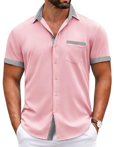 Chemise à manches courtes homme rayée rose avec col écossais d'été