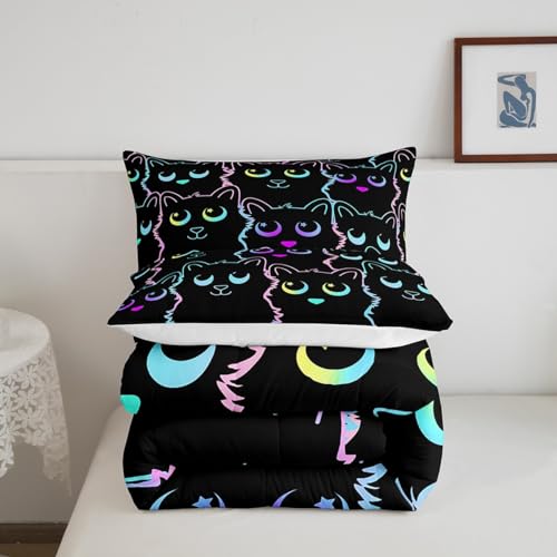 Image of Feelyou Kids Cat Bedding Sets King Size,Gradient Line Cute Cat Comforter Set for Teens Boys Girls Adults Kawaii Animal Home Decor, All Season,2 Pillow Cases,Black
