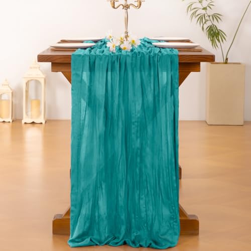 Image of Socomi 2pcs Teal Blue Spring Cheesecloth Table Runner Boho Rustic Gauze 120 inch 10FT Cheese Cloth Runner for Wedding Party Baby Shower Birthday Home Decor