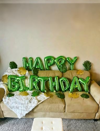 Image of Green Happy Birthday Balloon Banner, 16 Inch Foil Letter Balloons, Green Birthday Decorations for Men Boys Girls, Jungle Dinosaur Gaming Soccer Indoor Outdoor Party Supplies