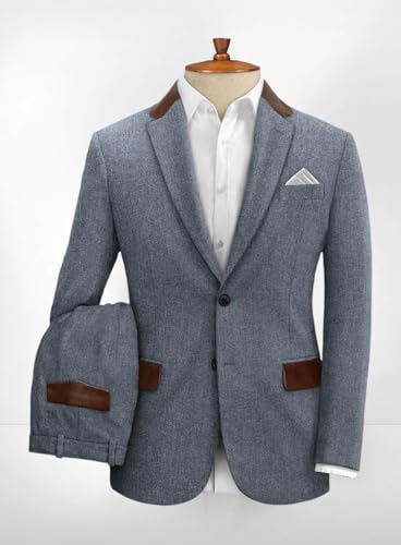 VENNYNG Men's Wedding Party Tweed Suits with PU Leather Retro Vintage Formal Herringbone Blazer Pant Set 2 Piece3