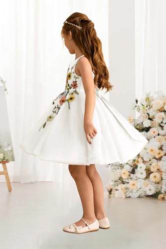 Tulle Flower Girl Dress with 3D Flowers Scoop Neck Bow Knot Birthday Wedding Pageant Formal Midi Satin Dresses4