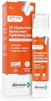 The Derma Co 1% Hyaluronic Sunscreen Hydrating Gel SPF 50 PA++++ | For Dry, Sensitive Skin | UVA/UVB, Broad Spectrum & Blue Light Protection | Clinically Tested - (In -Vivo) | For Men & Women | 50 g