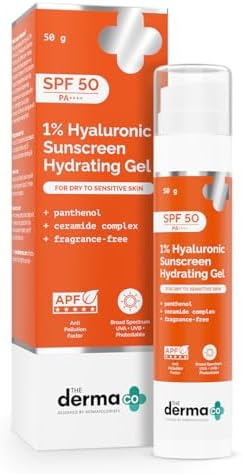 The Derma Co 1% Hyaluronic Sunscreen Hydrating Gel SPF 50 PA++++ | For Dry, Sensitive Skin | Lightweight Texture | No White Cast | UVA/UVB, Broad Spectrum Protection & Blue Light Protection | Non- Comedogenic | Clinically Tested - (In -Vivo) | Tan Protection | Photostable | For Men & Women | 50 g