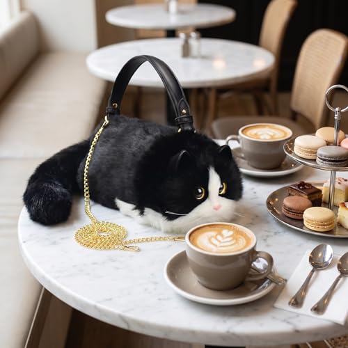 Image of Realistic Puffy Plush Cat Shaped Crossbody Handbag for Women